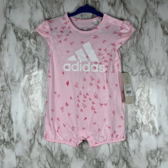 adidas Other - ADIDAS Baby Girl Pink S/Sleeve Romper W/White Flowers (12M)